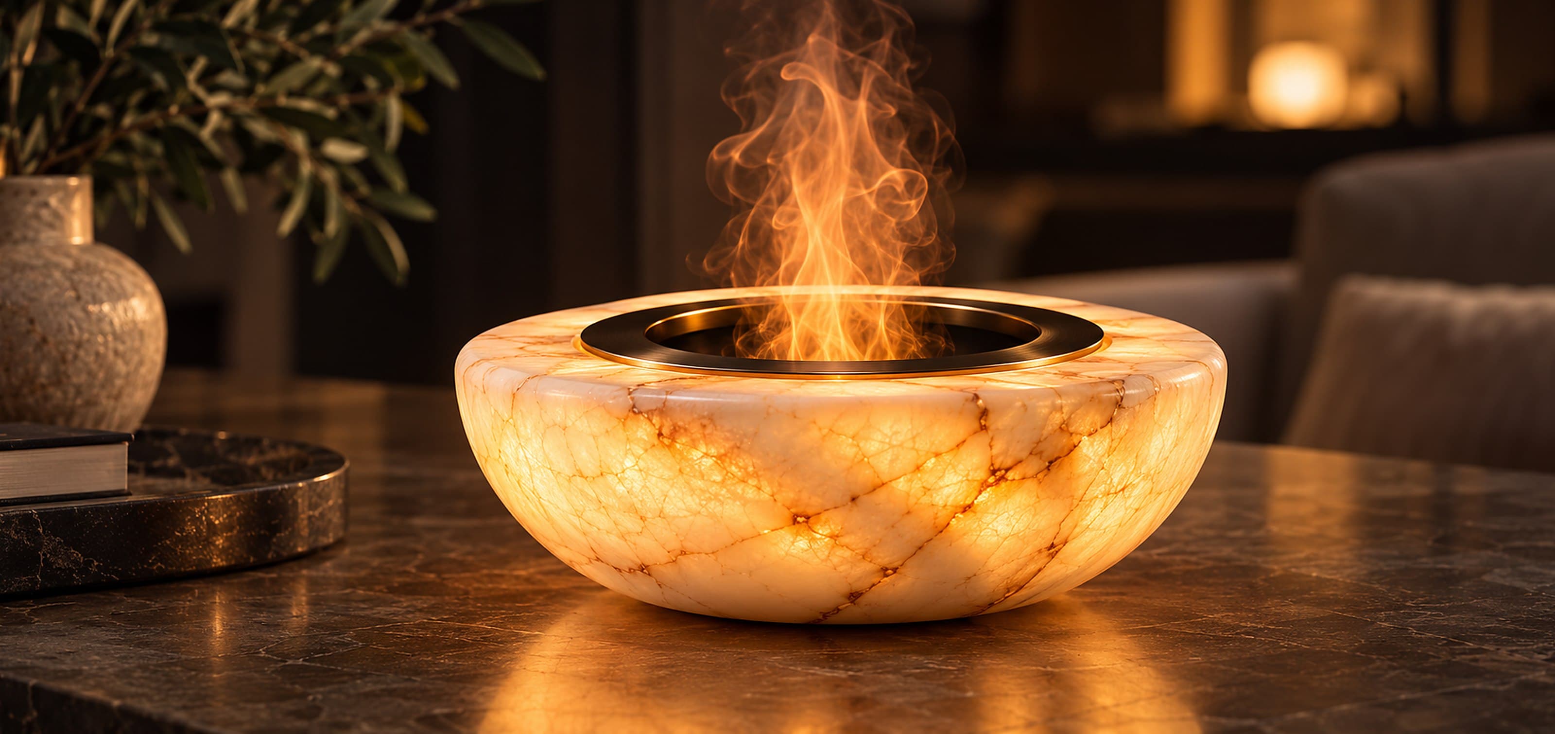 Concept visualization of ORUELLE: a low, wide translucent alabaster-look bowl with ivory and amber veining, glowing warmly from within, with amber-lit mist rising through its brushed bronze ring.